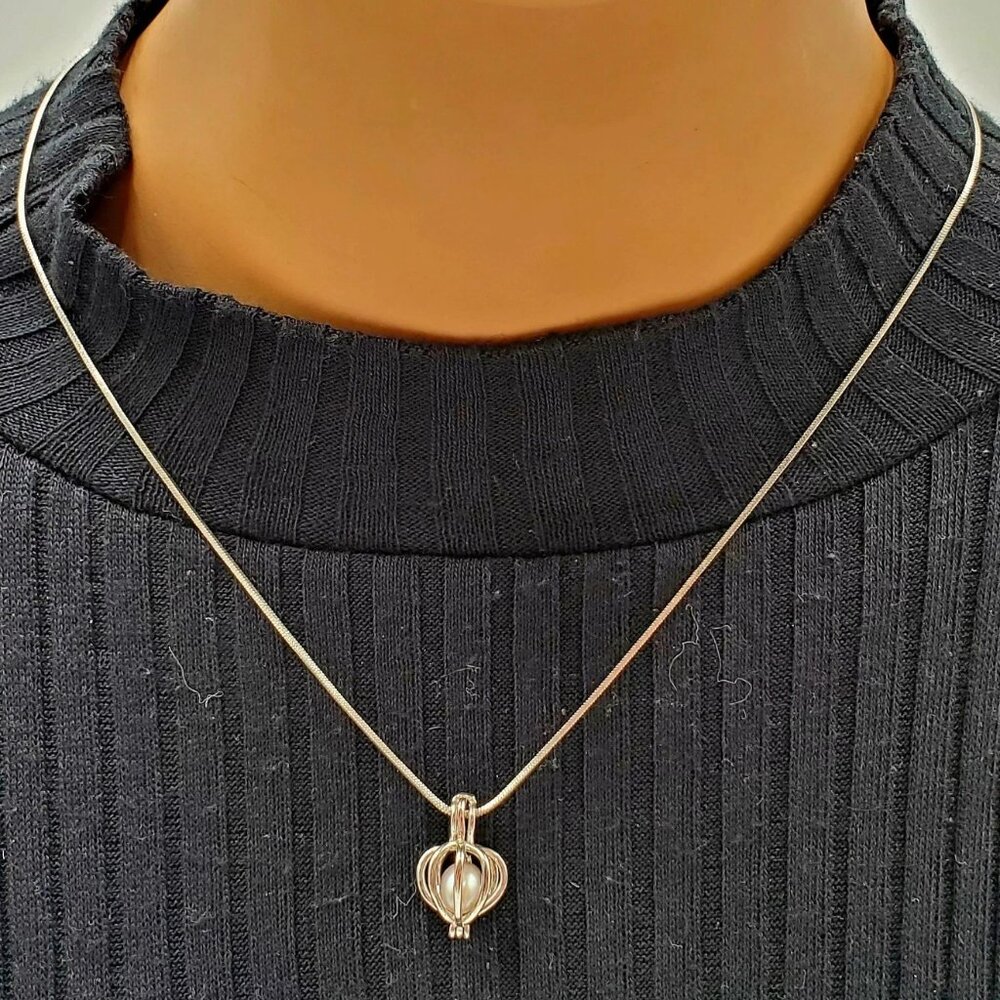 Silver Tone Caged Faux Pearl Pendant Necklace